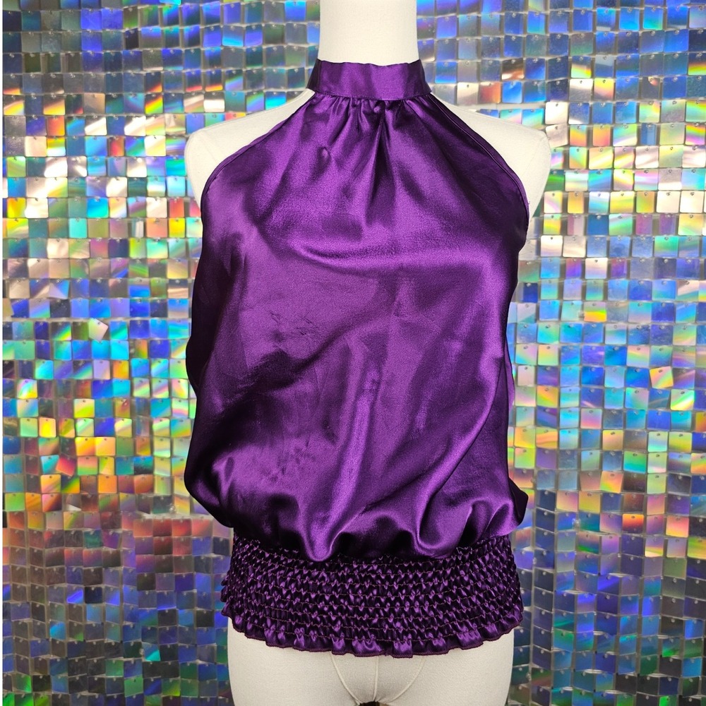 Color Swatch Purple Satin‎ Halter Smocked Waist Blouse Top Women